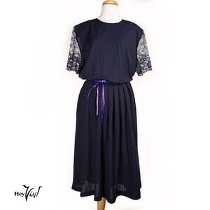 Vintage 80s Blue Dress Padded Shoulder Elastic Waist Lace Sleeves Sz 18 -Hey Viv